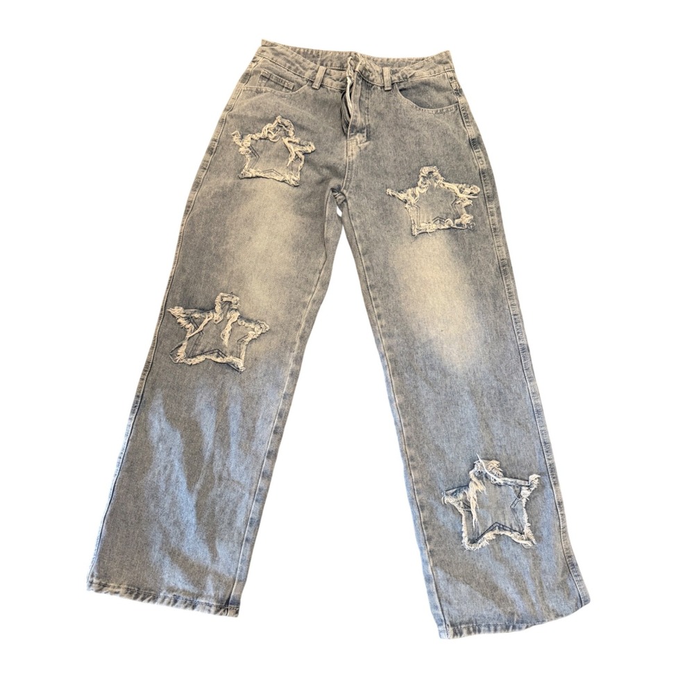 Womens Star Cutout Jeans Light Wash Denim Distressed Wide Leg Pants
